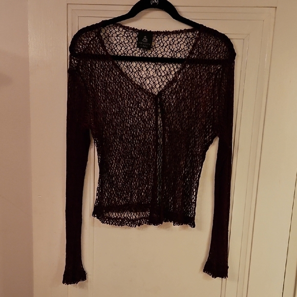Anxiety Cafe Tops - 90s Goth Maroon Sheer Knit Long Sleeve Top Sz M